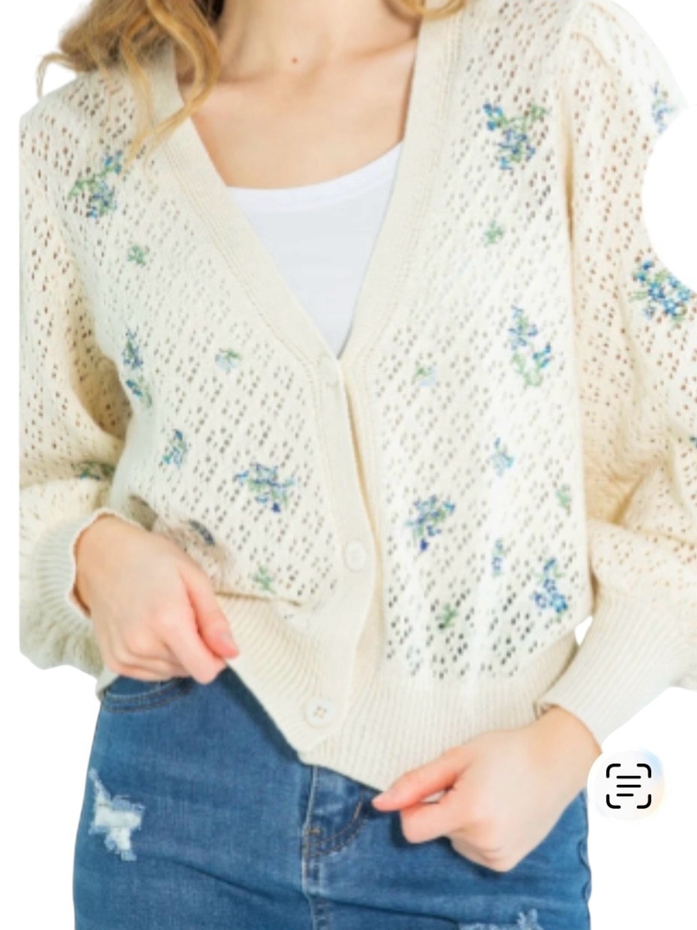 Sincerly Jules Cream Openwork Cardigan with Blue-Green Floral Embroidery